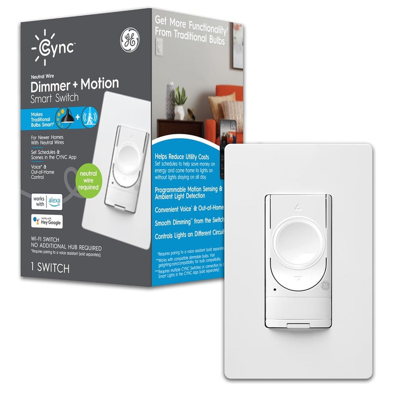 Cync GE Lighting 48733 C by GE Smart Motion-Sensing Dimmer Switch with Occupancy Sensor, White - Image 1